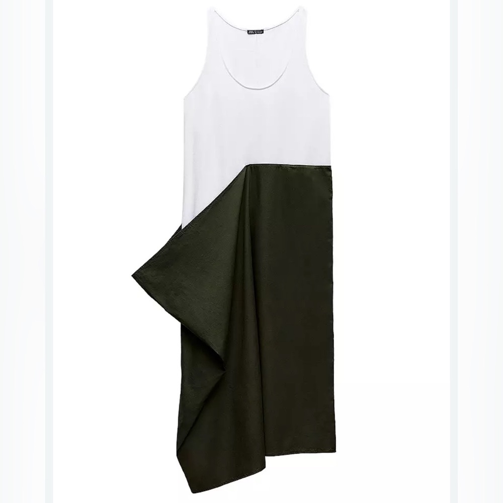 Zara Asymmetrical – Size S – NWT – White & Dark Green Midi Dress